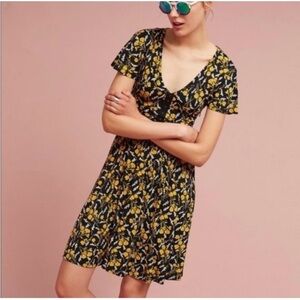 Anthropologie Maeve Yellow Black Floral Dress Size M